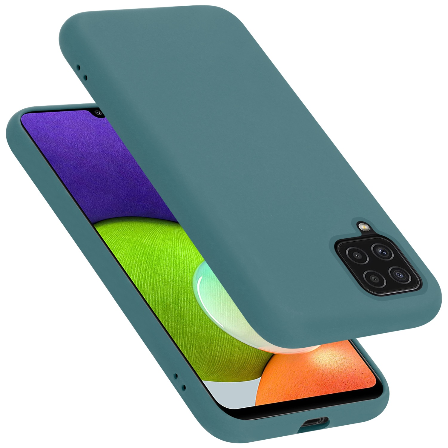 Eine türkisfarbene Handyhülle auf Weiß, mit dem Telefon darin. Das Telefon ist türkis und hat eine Kamera.