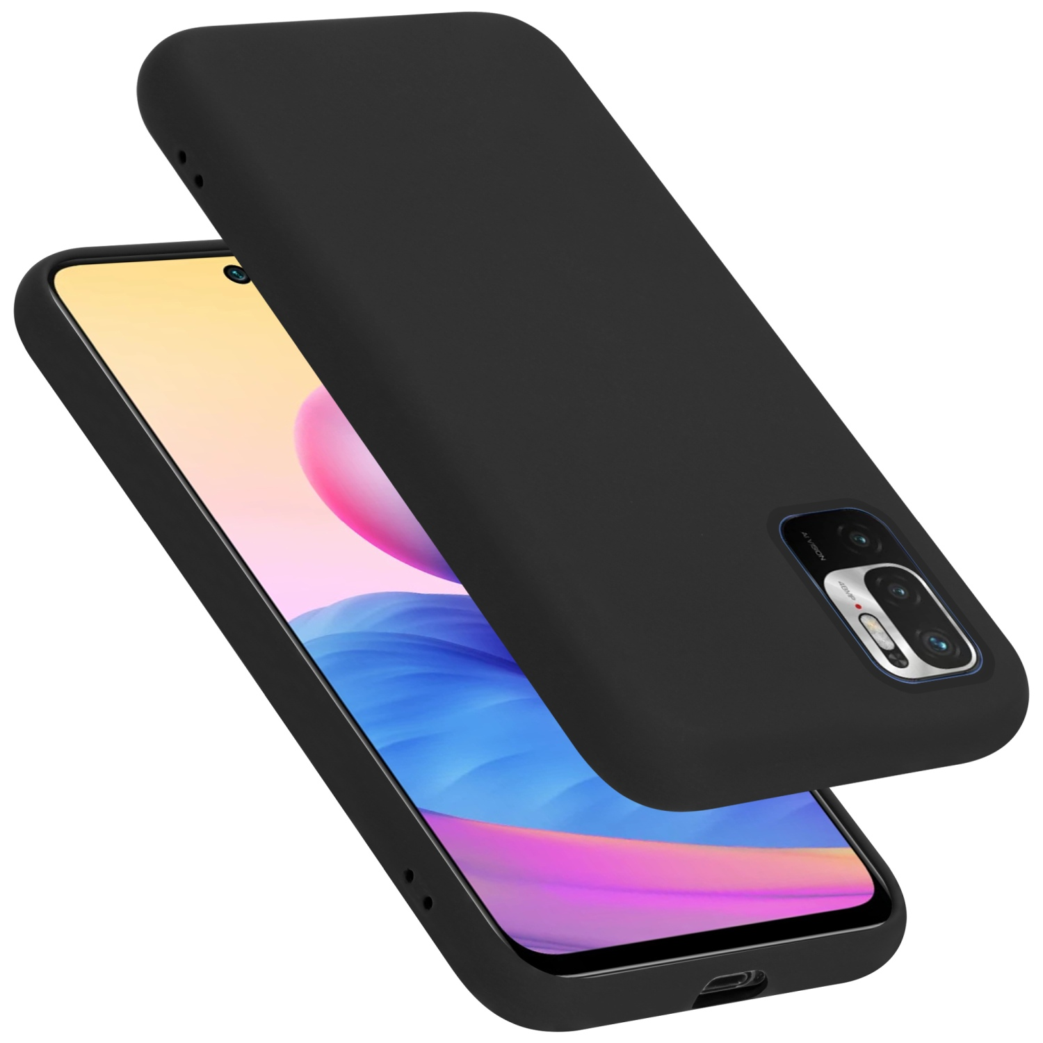 Schwarze Handyhülle mit Telefon im Inneren, zeigt den Bildschirm.