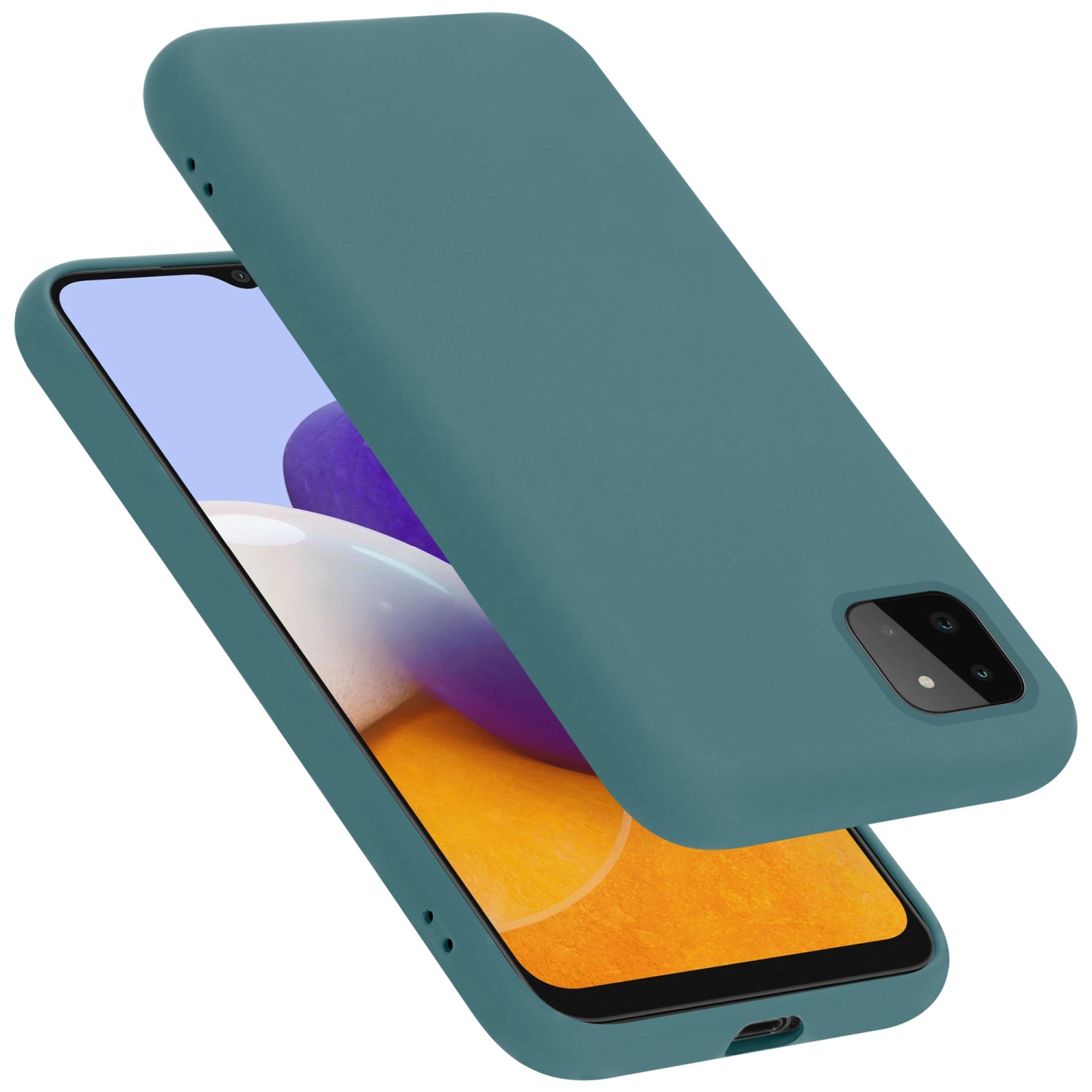 Türkisfarbene Handyhülle mit Telefon im Inneren, zeigt den Bildschirm.