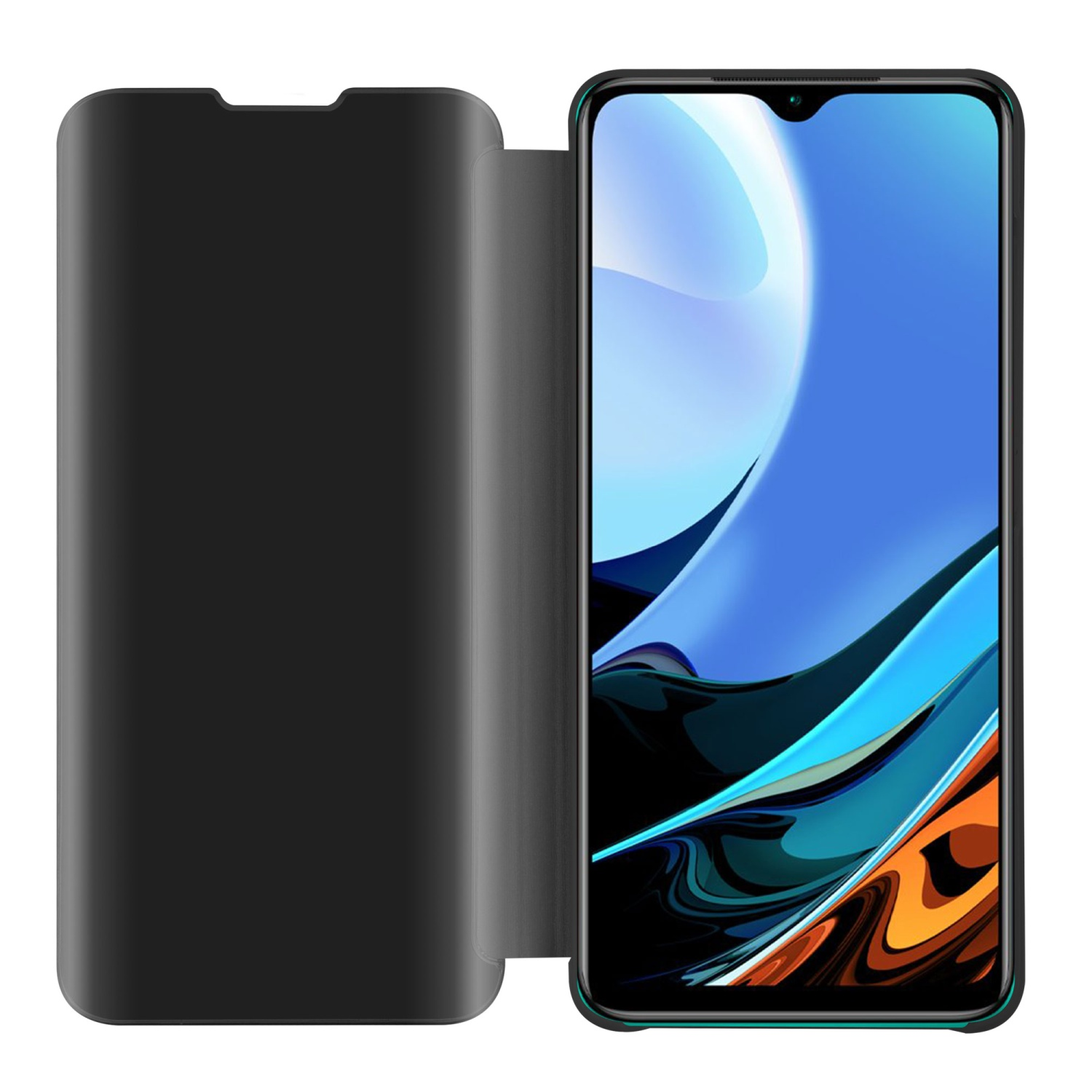 Una custodia per telefono nera, con un telefono all'interno, aperta. Lo schermo del telefono mostra un'immagine blu e verde.