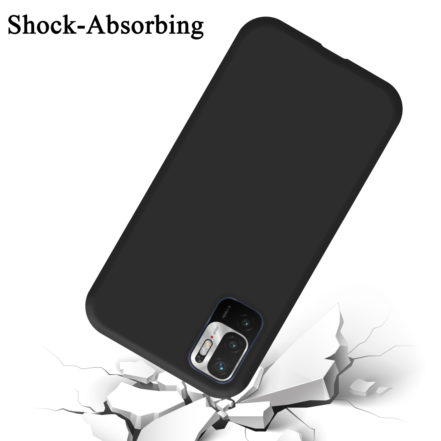 Schwarze Handyhülle fällt auf zerbrochene weiße Oberfläche, Text 'Shock-Absorbing'.