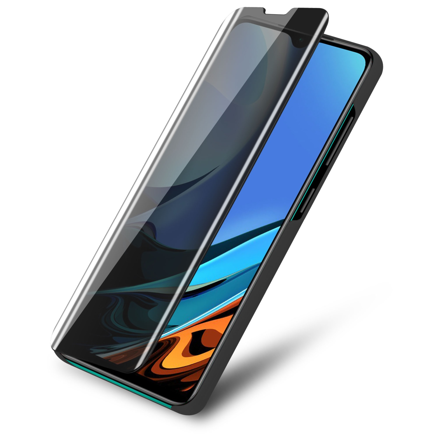 Telefono con protezione schermo parzialmente applicata, cornice nera, sfondo bianco.
