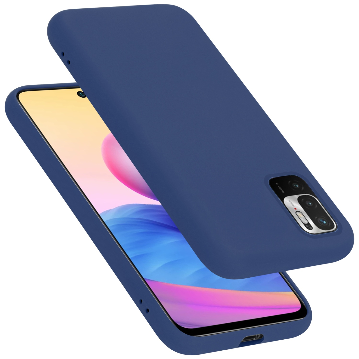 Blaue Handyhülle mit Telefon. Zeigt Kamera und Bildschirm des Telefons. Hülle über dem Telefon.