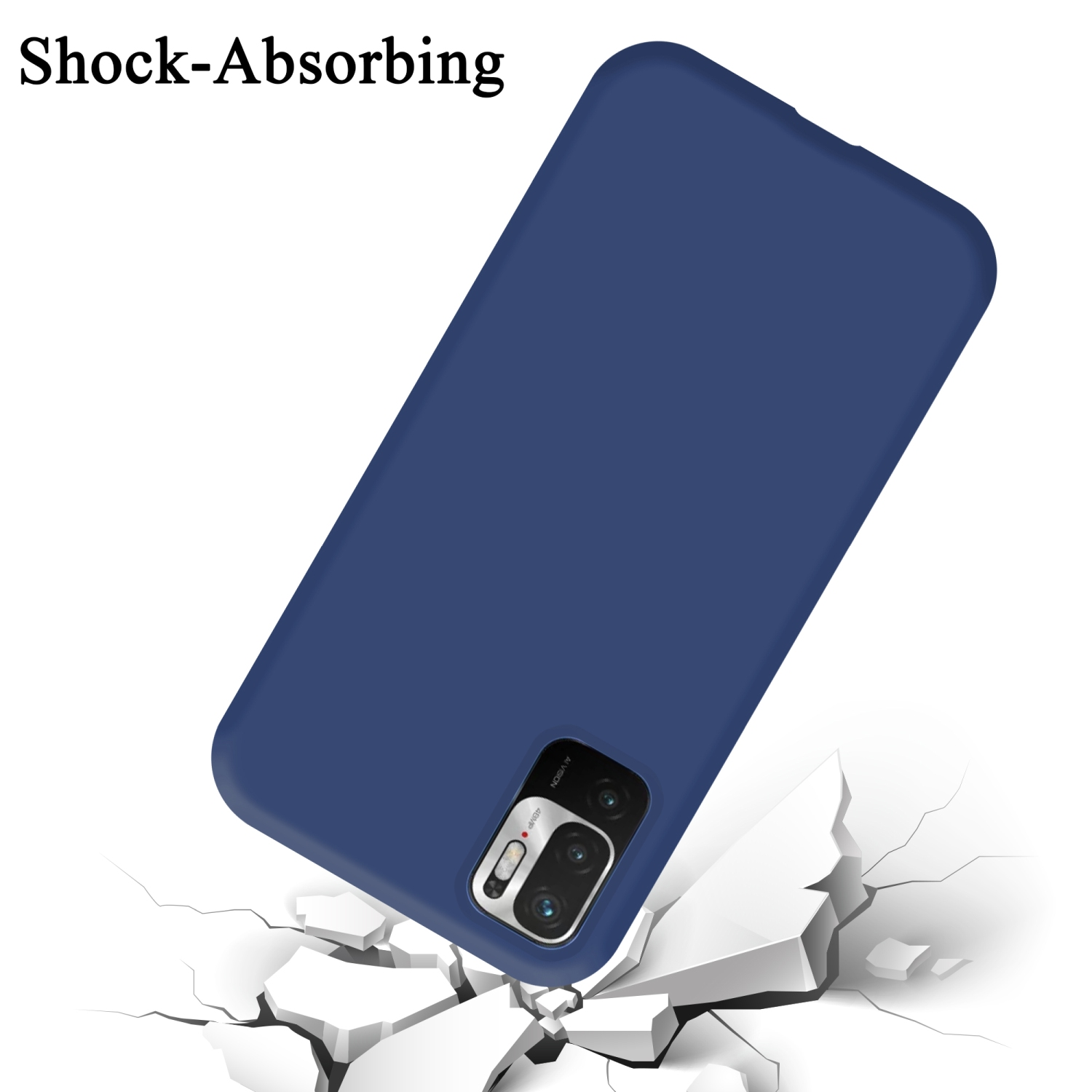 Eine blaue Handyhülle mit einem Telefon darin, das auf zerbrochenen weißen Teilen liegt.