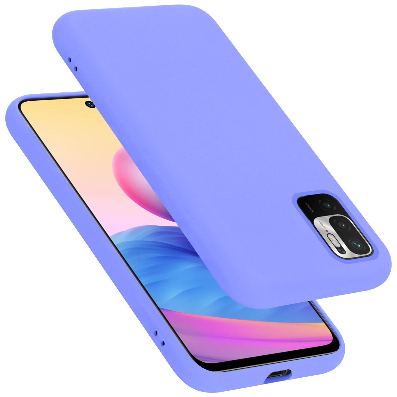 Lilafarbene Handyhülle über einem Telefon, mit Kamera. Weißer Hintergrund.