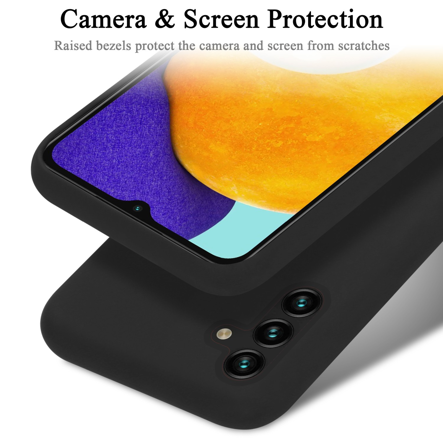 Custodia per telefono nera con protezione della fotocamera. Le cornici rialzate proteggono la fotocamera e lo schermo.