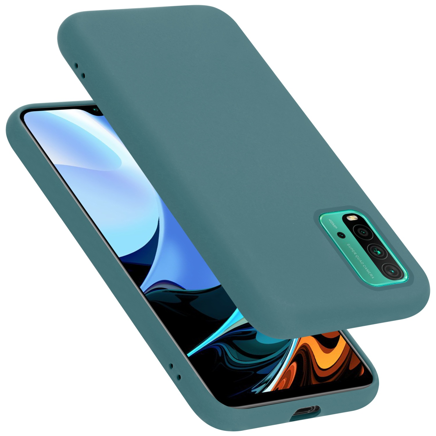 Türkisfarbene Handyhülle mit einem Telefon im Inneren.