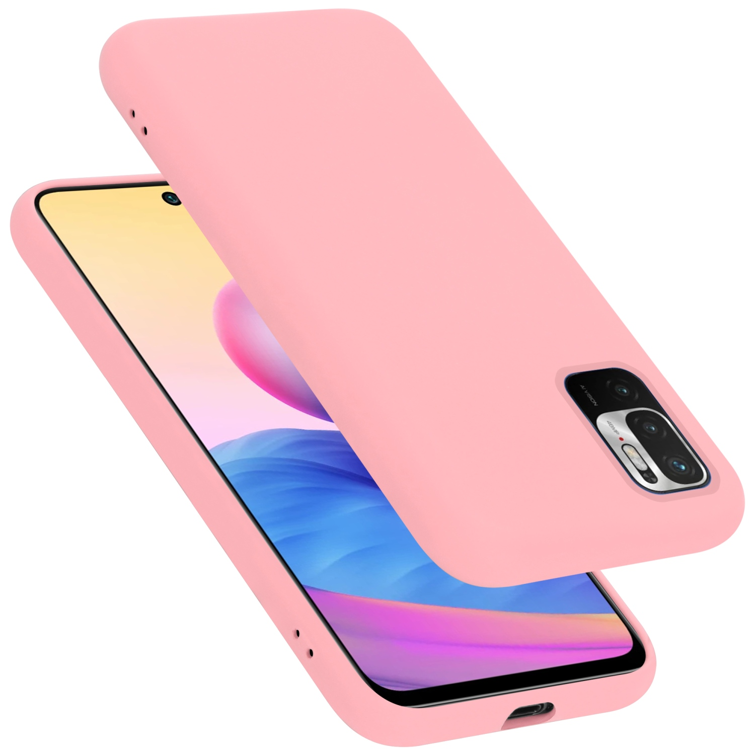 Rosa Handyhülle mit Smartphone. Die Hülle ist offen und angewinkelt.