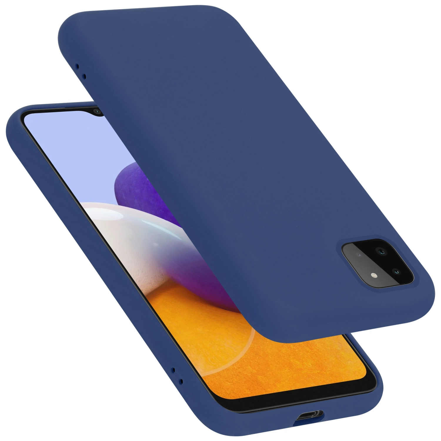 Eine blaue Handyhülle mit einem Telefon darin und eine separate, passende Handyhülle.