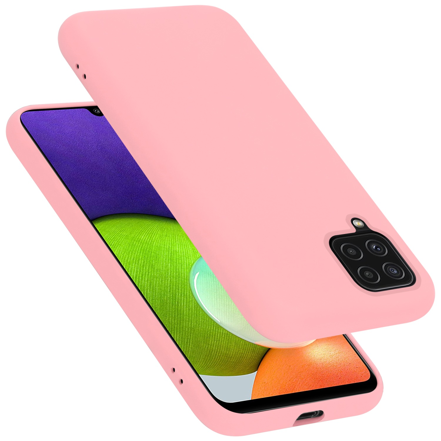 Rosa Handyhülle, das Telefon ist darin. Weißer Hintergrund.