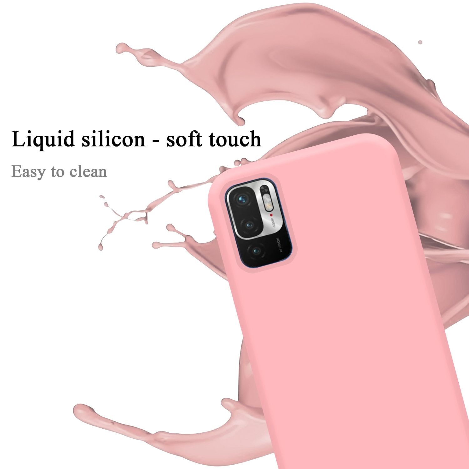 Eine rosa Handyhülle mit einem Spritzer rosa Flüssigkeit. Die Hülle ist rechts.