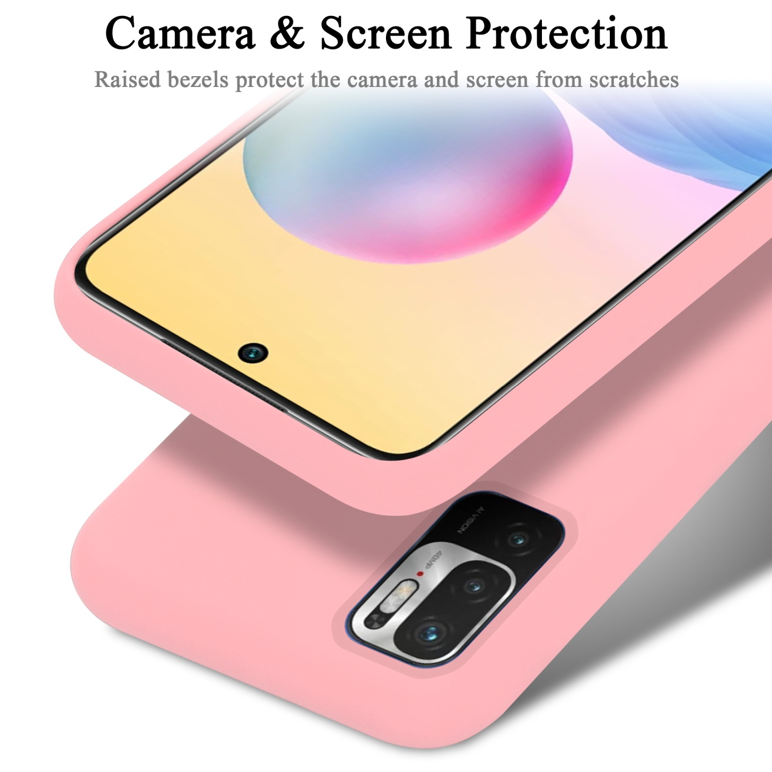 Rosa Handyhülle mit Handy darin. Die Kamera und der Bildschirm des Telefons sind sichtbar. Die Hülle schützt das Telefon.