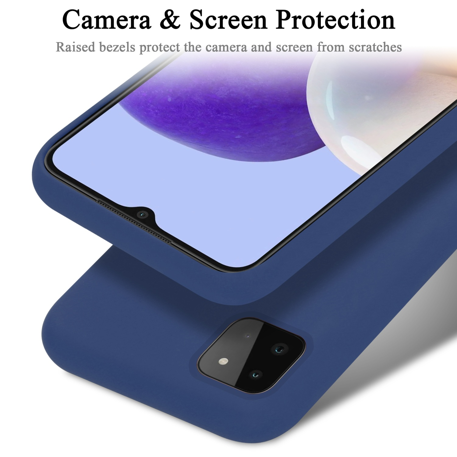 Blaue Handyhülle mit Bildschirm- und Kameraschutz. Das Telefon ist blau.