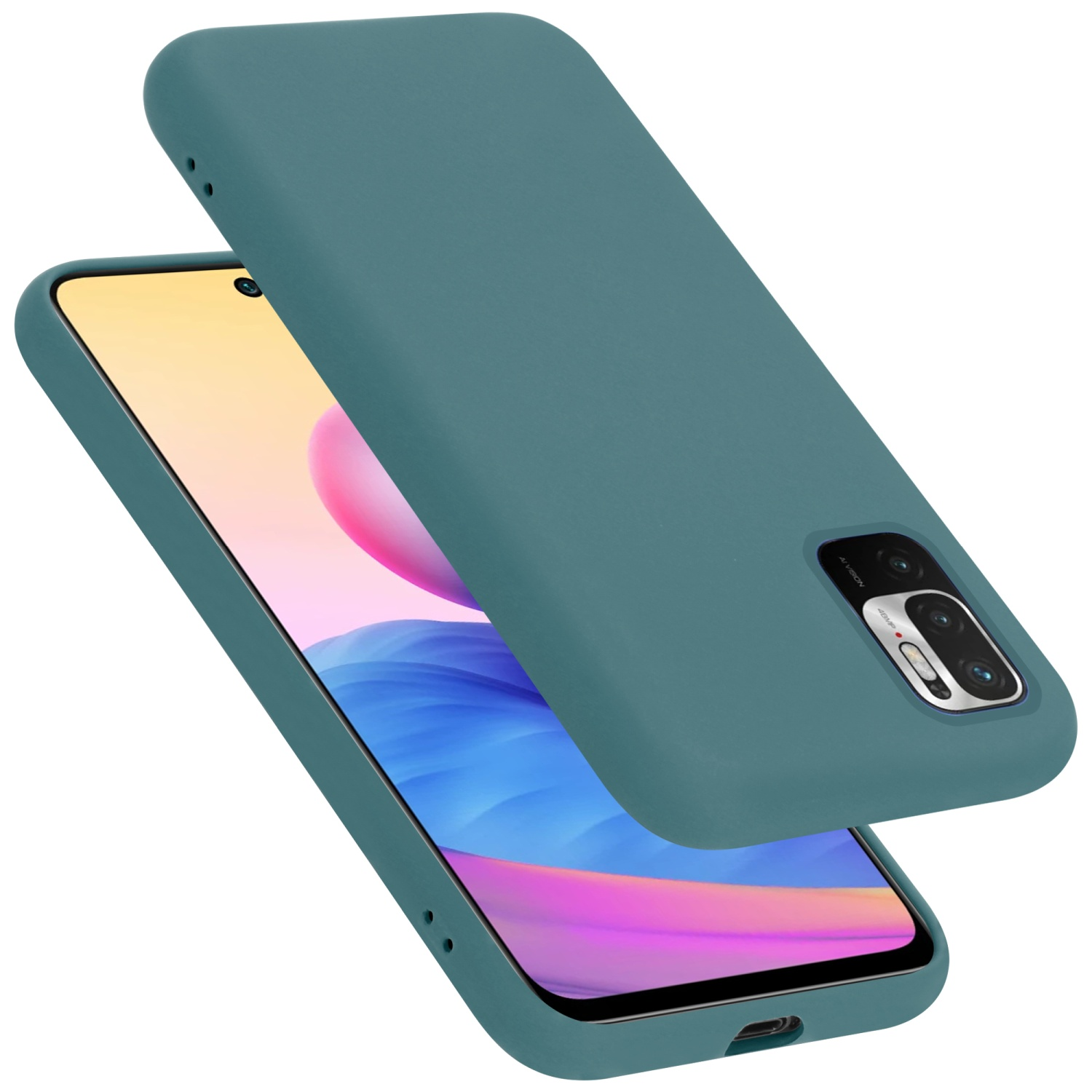 Türkisfarbene Handyhülle über einem Telefon, mit Kamera. Weißer Hintergrund.