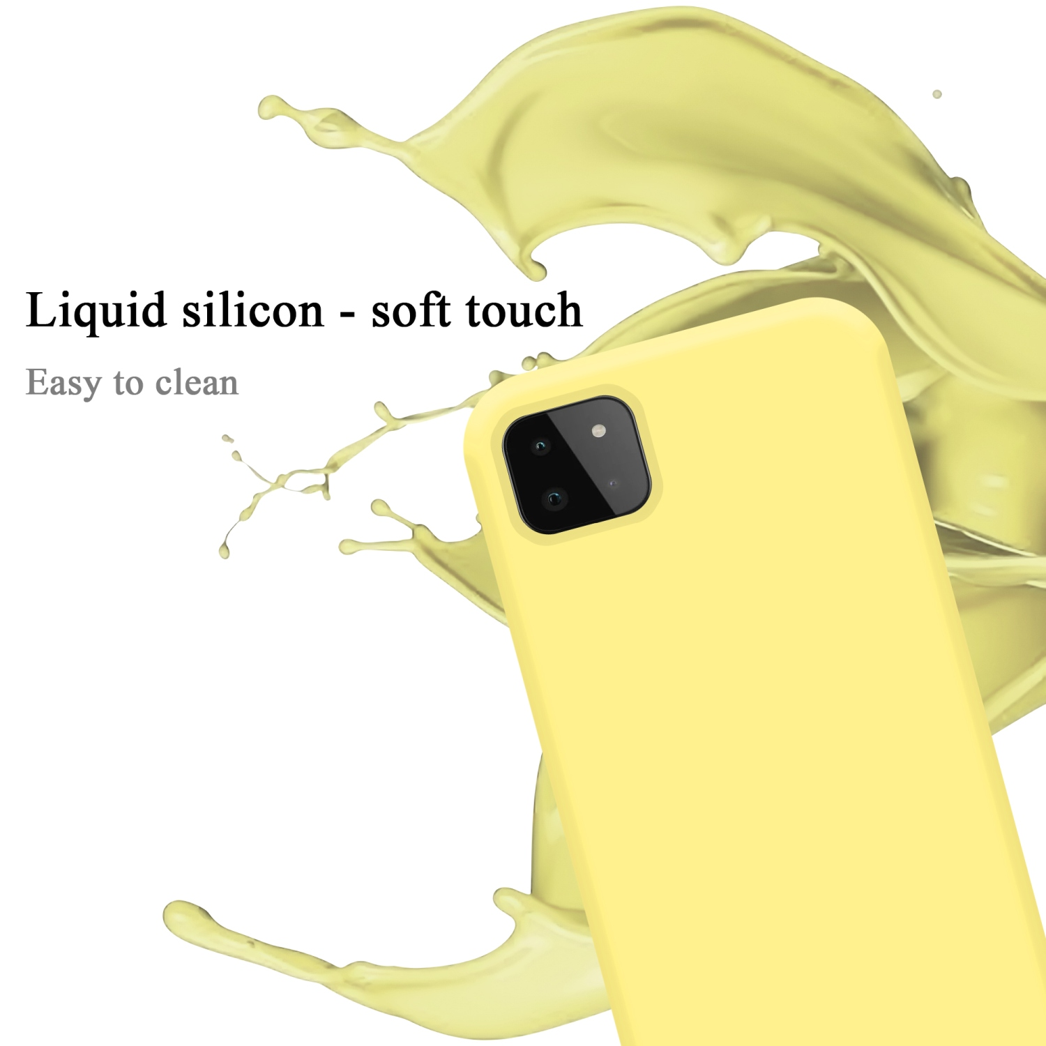 Gelbe Handyhülle mit Spritzeffekt. Text: Flüssigsilikon - Soft-Touch, leicht zu reinigen.