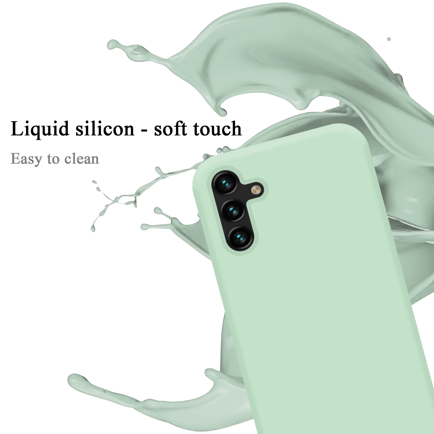 Custodia per telefono verde menta con spruzzo di liquido. Tre lenti della fotocamera visibili.
