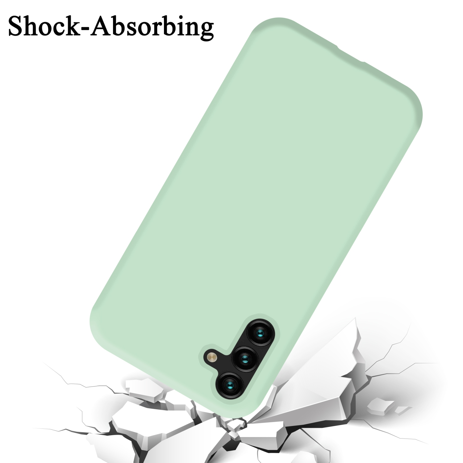 Una custodia per telefono verde menta. La custodia è mostrata in una caduta. È su uno sfondo bianco.