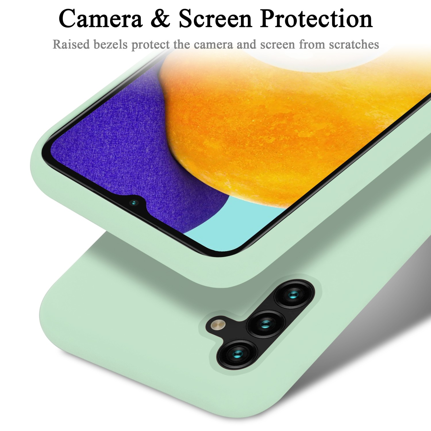Viene mostrata una custodia per telefono verde menta con un telefono all'interno, che mostra un ritaglio per la fotocamera e uno schermo.