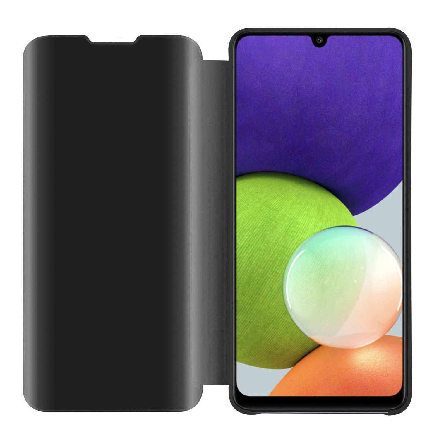 Custodia nera con coperchio aperto, telefono con sfondo colorato, bordo nero.