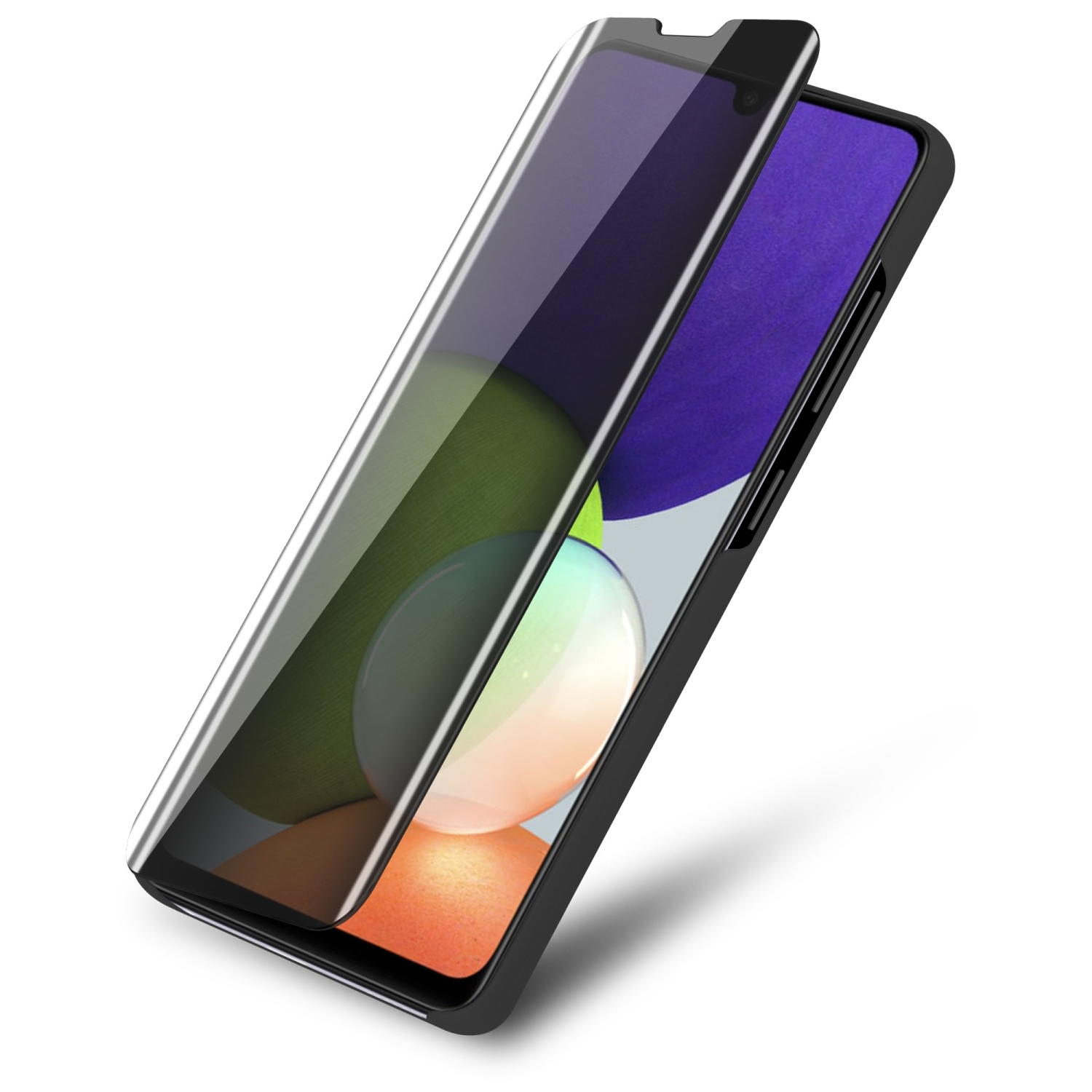 Telefono con protezione schermo applicata. Lo schermo è parzialmente scuro. Custodia nera.