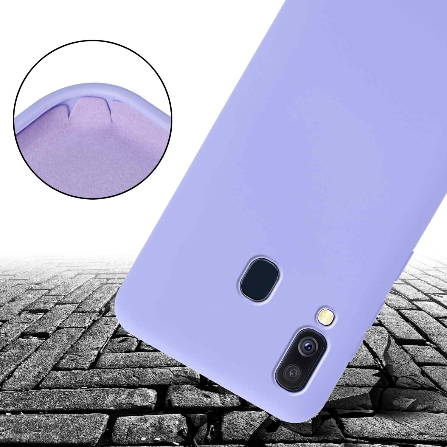 Una custodia per telefono viola su una superficie strutturata, che mostra la fotocamera e un angolo arrotondato.