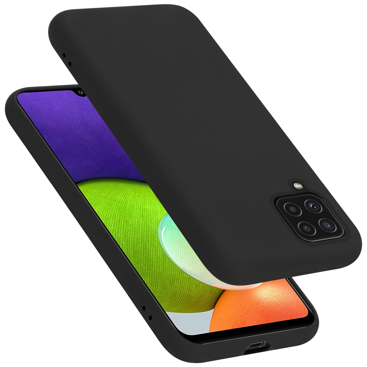 Schwarze Handyhülle mit Kameraaussparung, Telefon sichtbar, isoliert auf weißem Hintergrund.
