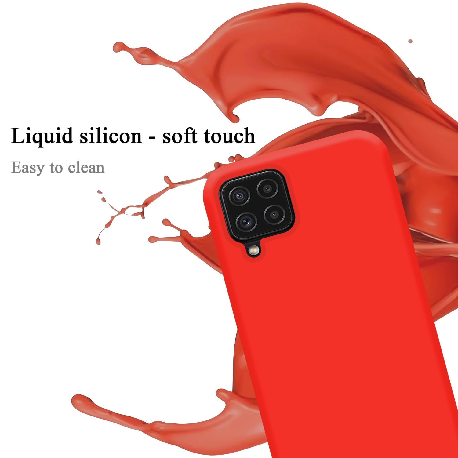 Eine rote Handyhülle mit einem Spritzer roter Flüssigkeit und Text über das Produkt.