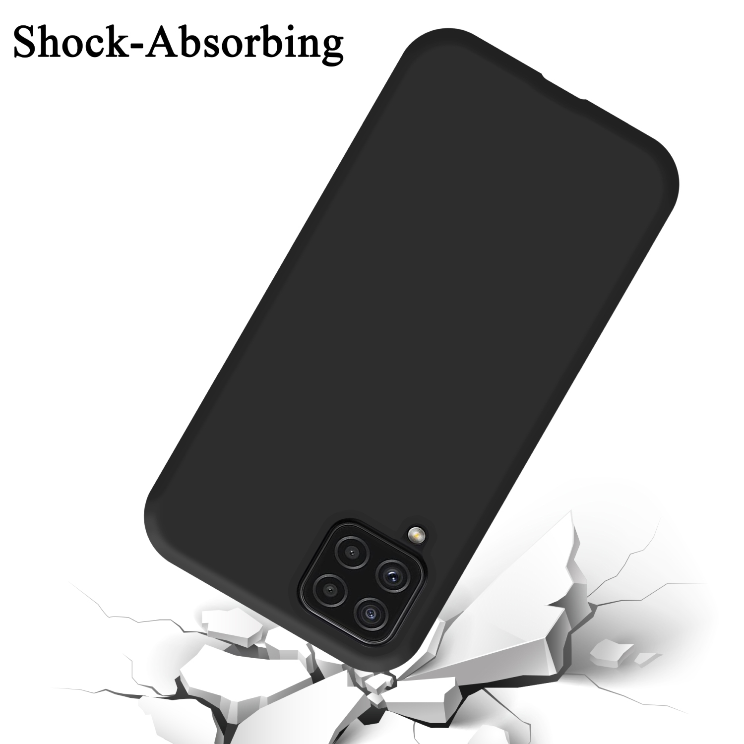 Schwarze Handyhülle mit Kamera, die auf eine zerbrochene Oberfläche fällt. Text 'Shock-absorbing' sichtbar.