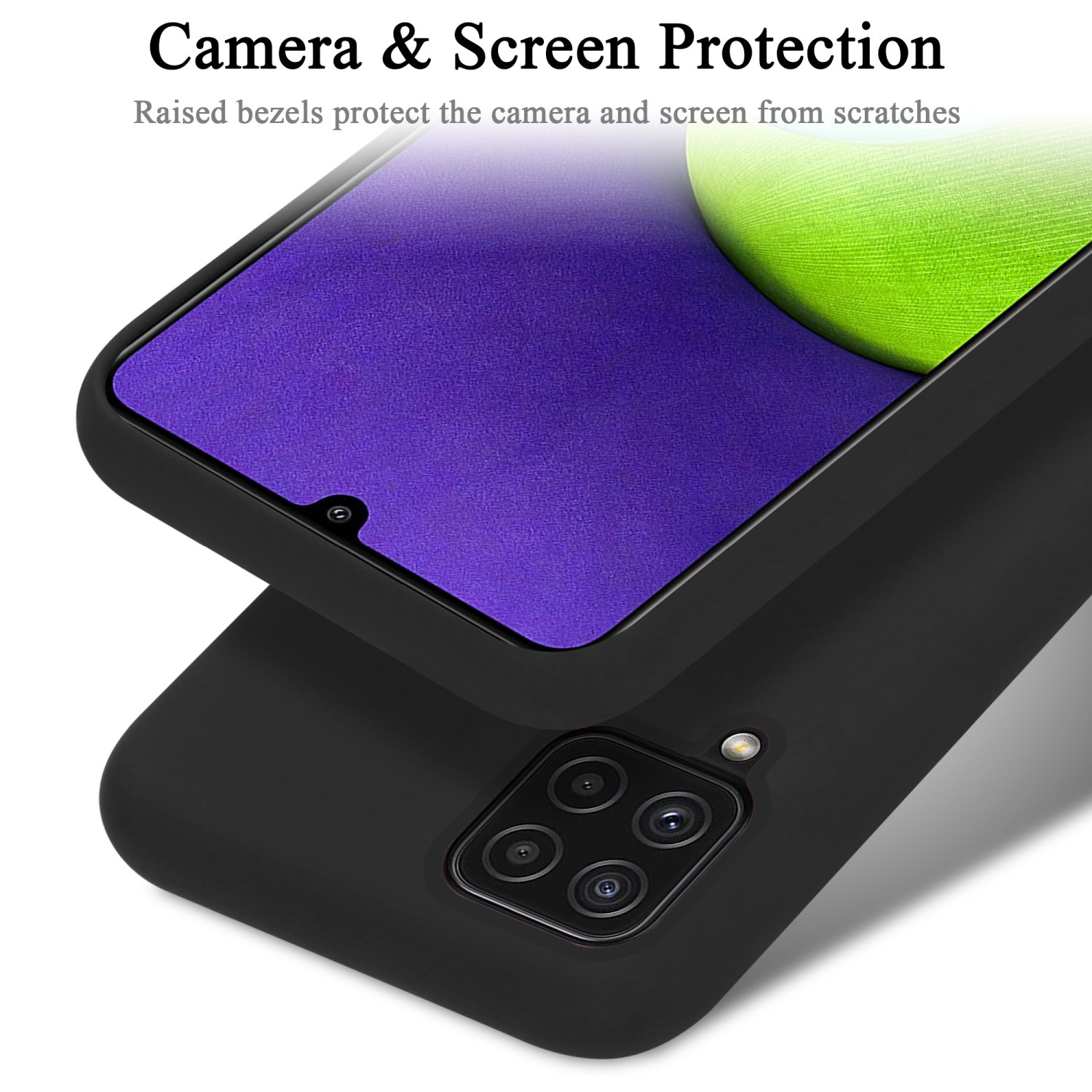 Eine schwarze Handyhülle auf einem Telefon. Die Hülle bietet Kameraschutz.
