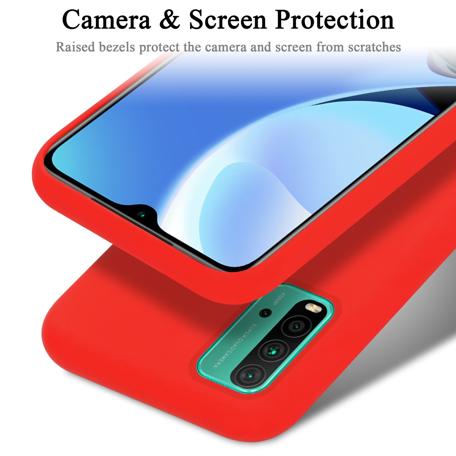 Rote Handyhülle mit roter Kamerahalterung und einem Telefon.