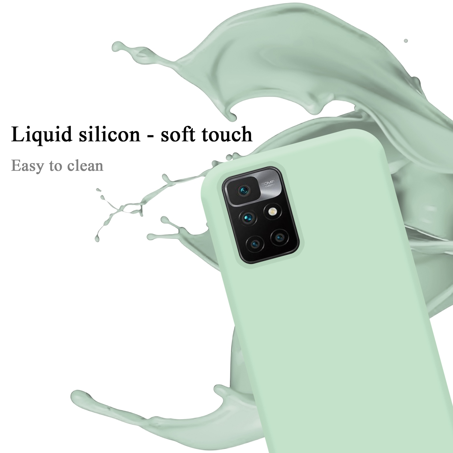 Eine hellgrüne Handyhülle mit Soft-Touch, ein Spritzer grüne Flüssigkeit dahinter und ein Handy.