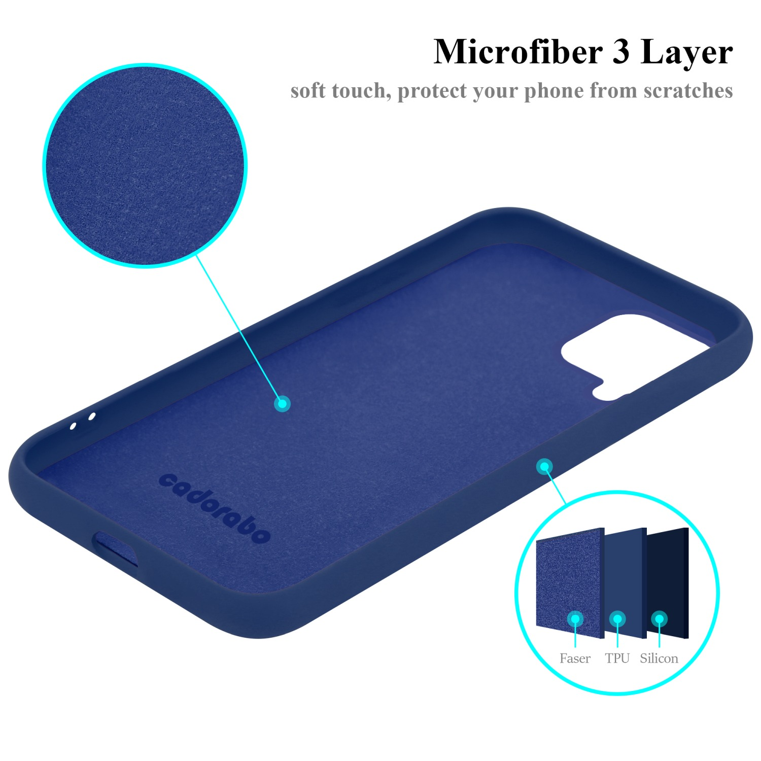 Innenansicht einer blauen Handyhülle. Sie hat eine Mikrofaser-Schicht und verschiedene Schichten.