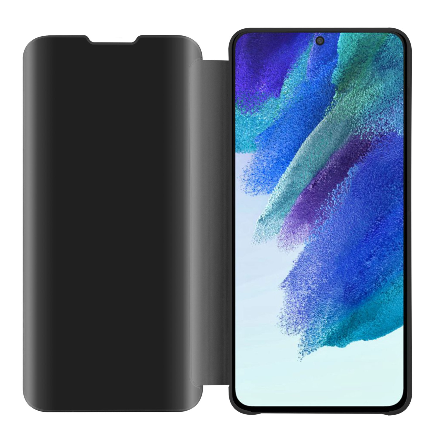 Custodia nera per telefono con il telefono all'interno. La cover è aperta.