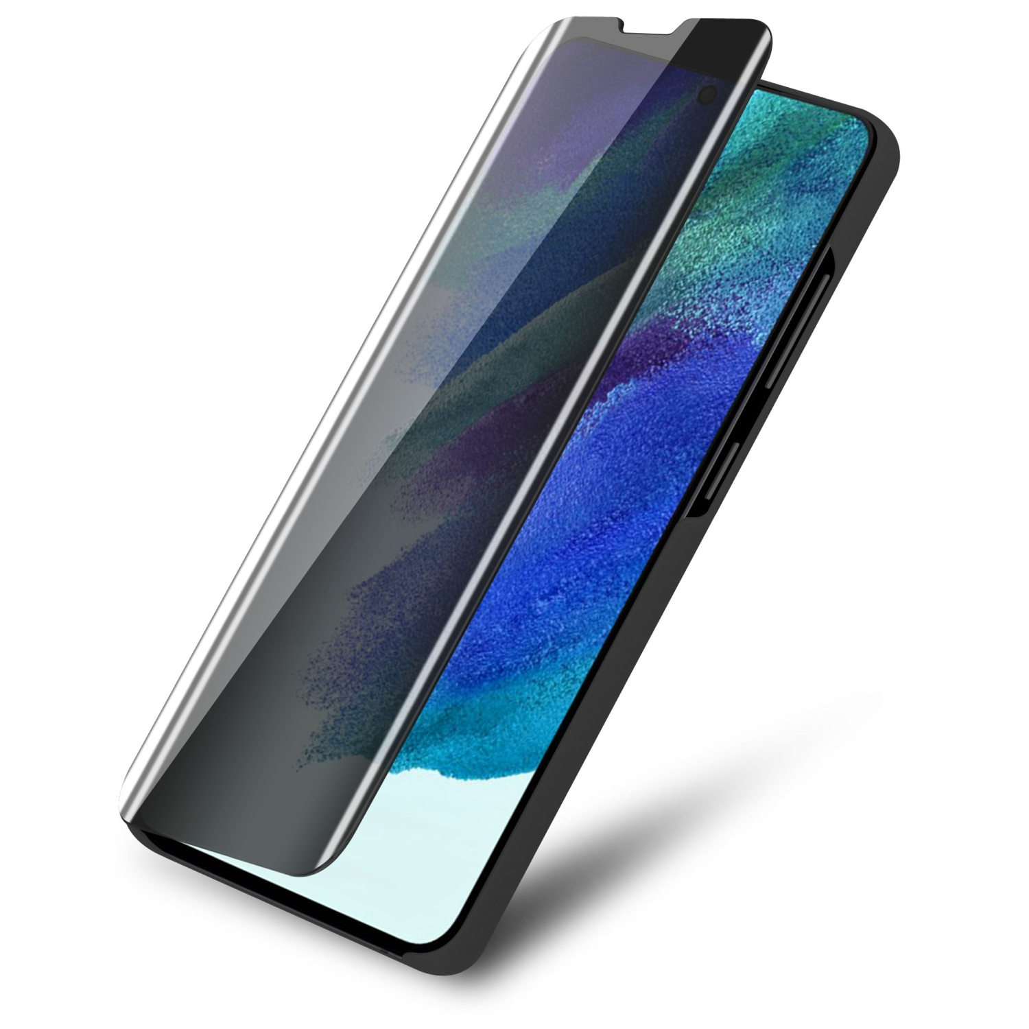 Telefono con protezione schermo. Lo schermo è visibile. Il telefono è nero. Sfondo bianco.