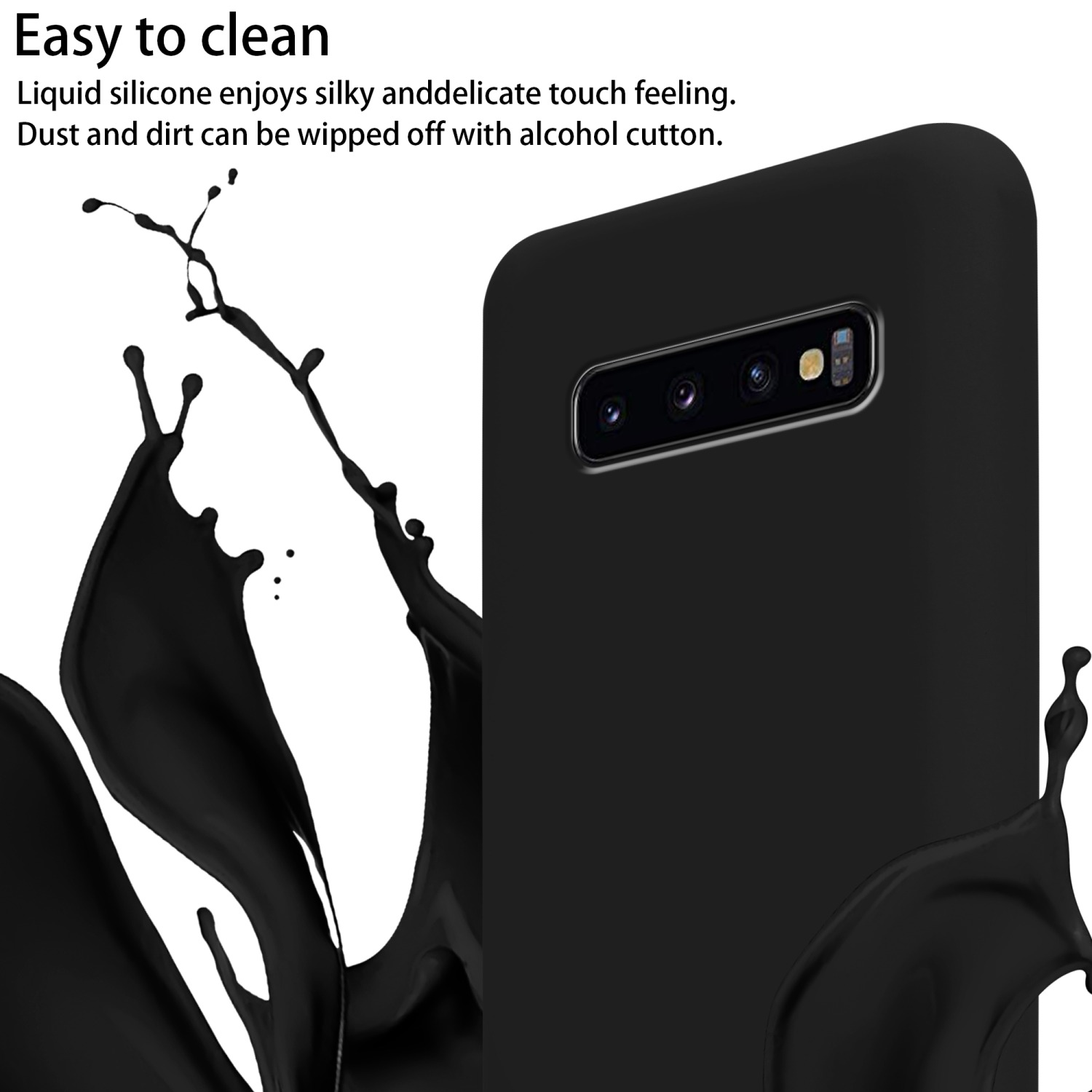 Custodia nera per telefono con design a schizzo d'inchiostro, testo 'Easy to clean' e descrizione.
