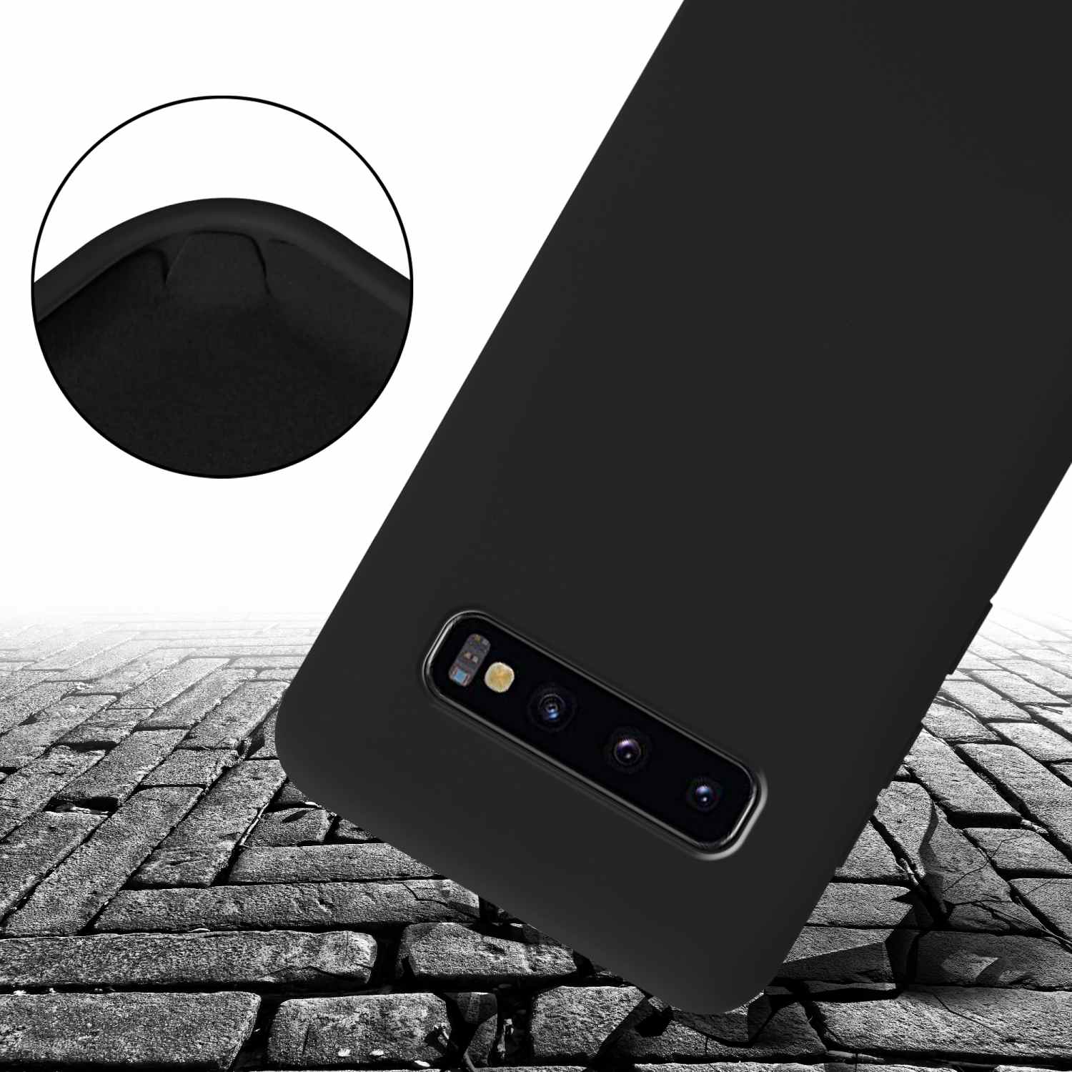 Custodia nera per telefono con fotocamera, su una superficie in pietra con crepe.