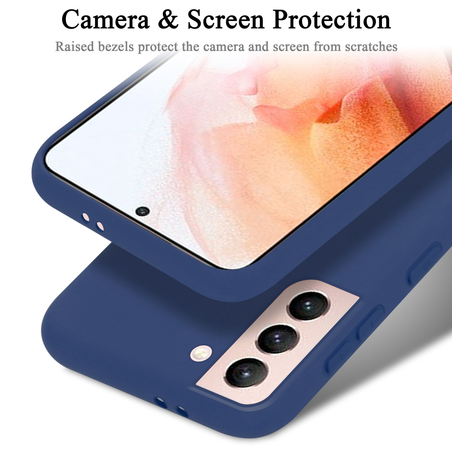 Una custodia blu protegge lo schermo e la fotocamera del telefono con bordi rialzati per la protezione dai graffi.