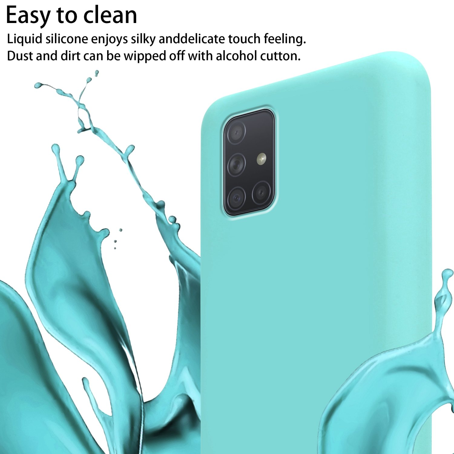 Una custodia turchese con schizzi blu, testo: Facile da pulire, con la fotocamera del telefono visibile.