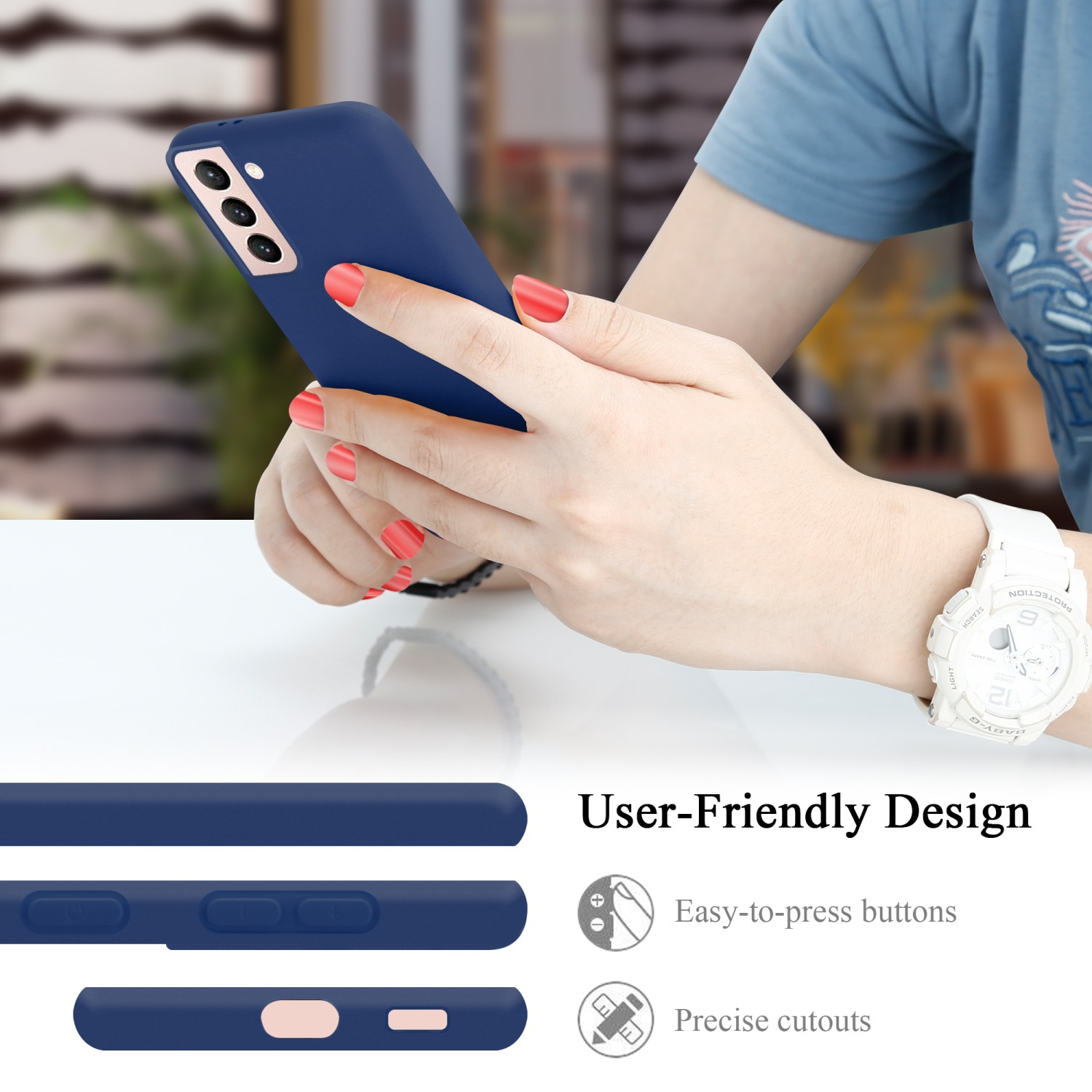 Le mani di una donna che tengono un telefono blu con una custodia. Design intuitivo con pulsanti facili da premere.