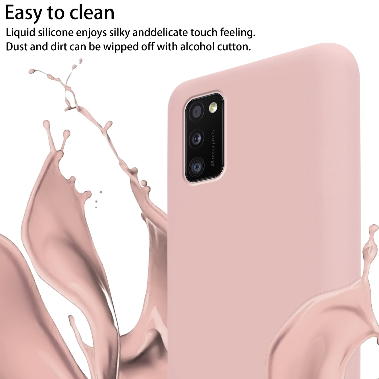 Una custodia per telefono rosa con un telefono all'interno. È in silicone liquido ed è facile da pulire.