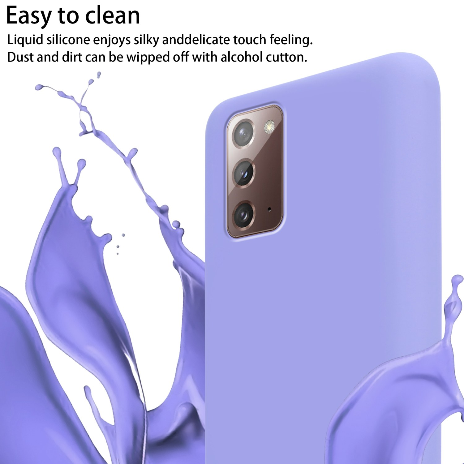 Una custodia per telefono viola con schizzi d'acqua. La custodia ha un modulo fotocamera visibile.