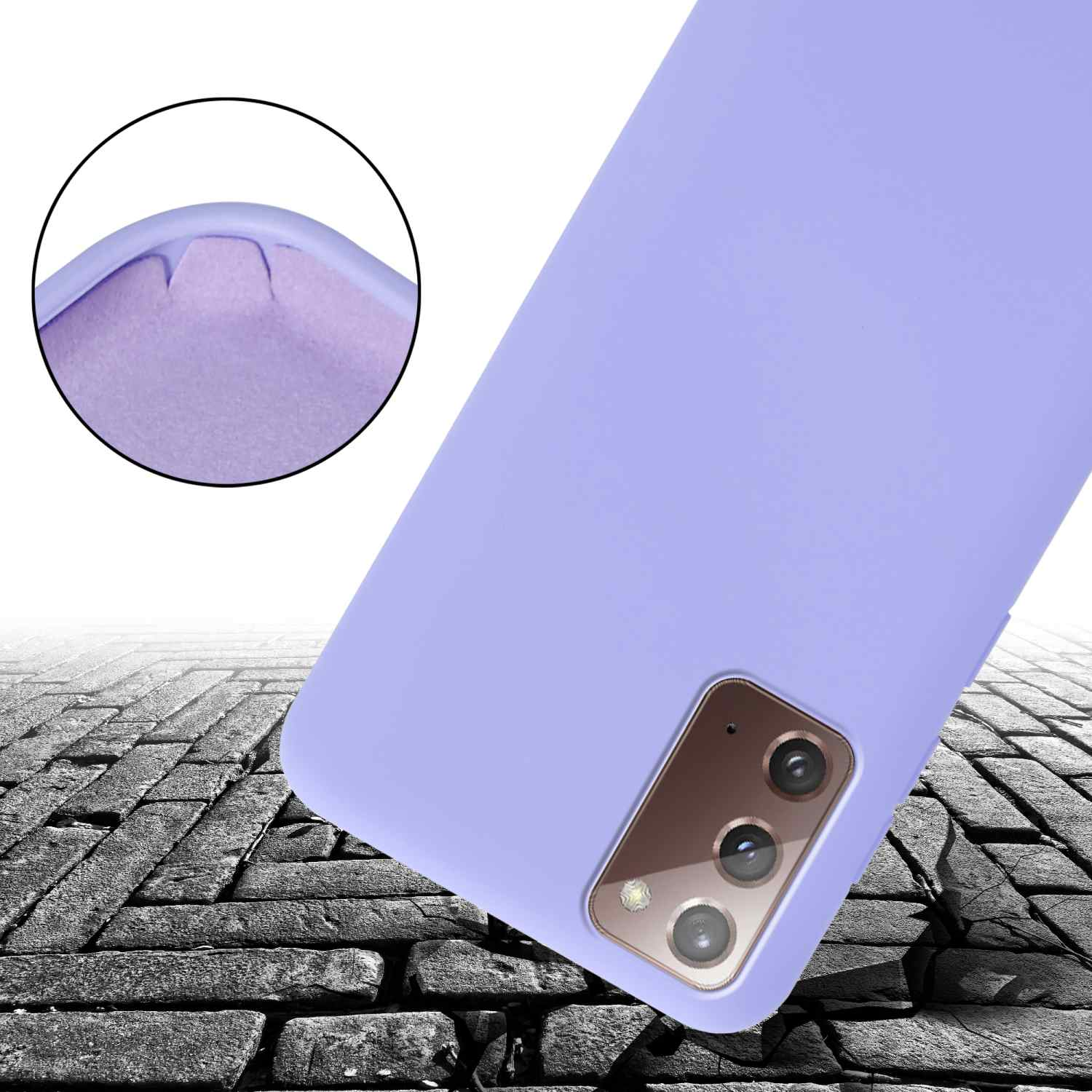 Custodia viola per telefono su una superficie di mattoni. Il bordo della custodia è visibile.