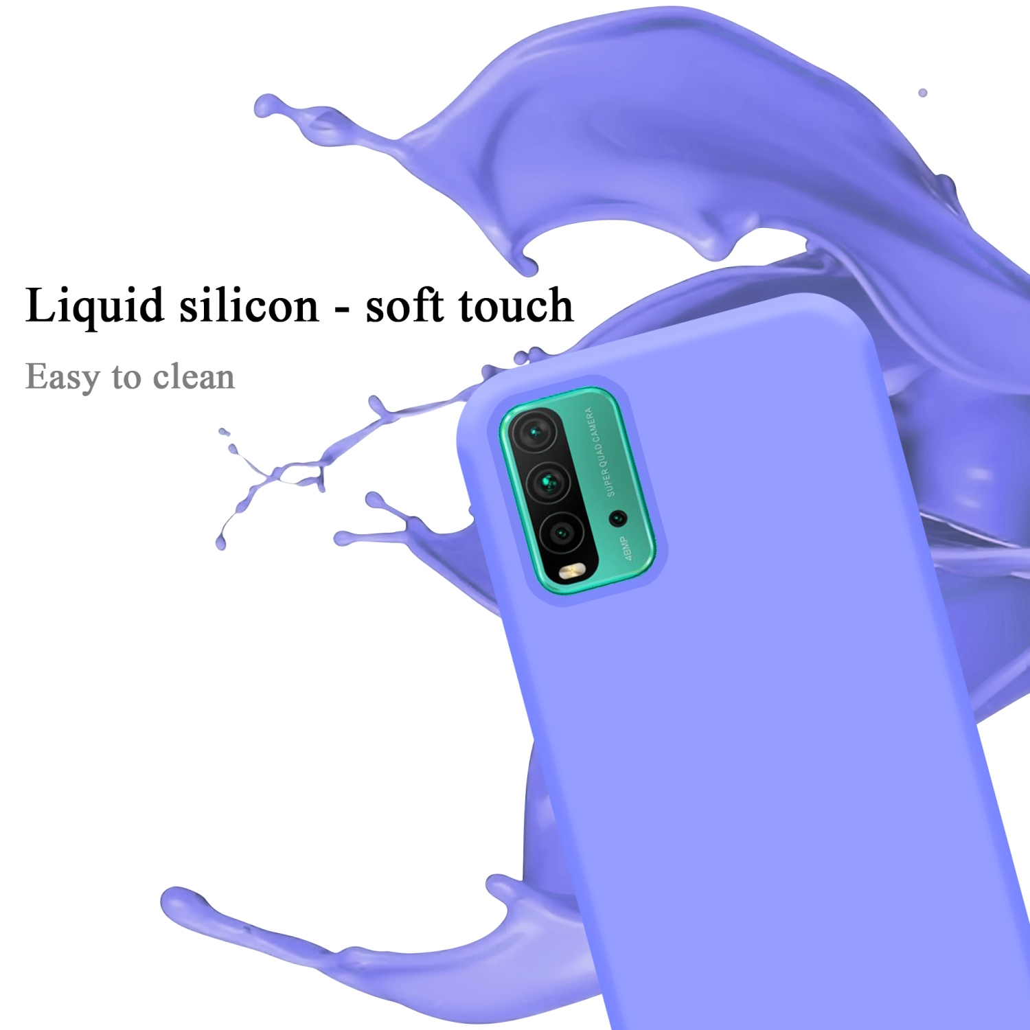 Eine hellviolette Handyhülle mit Mehrfachkamera und einem Flüssigkeitsspritzer-Effekt.
