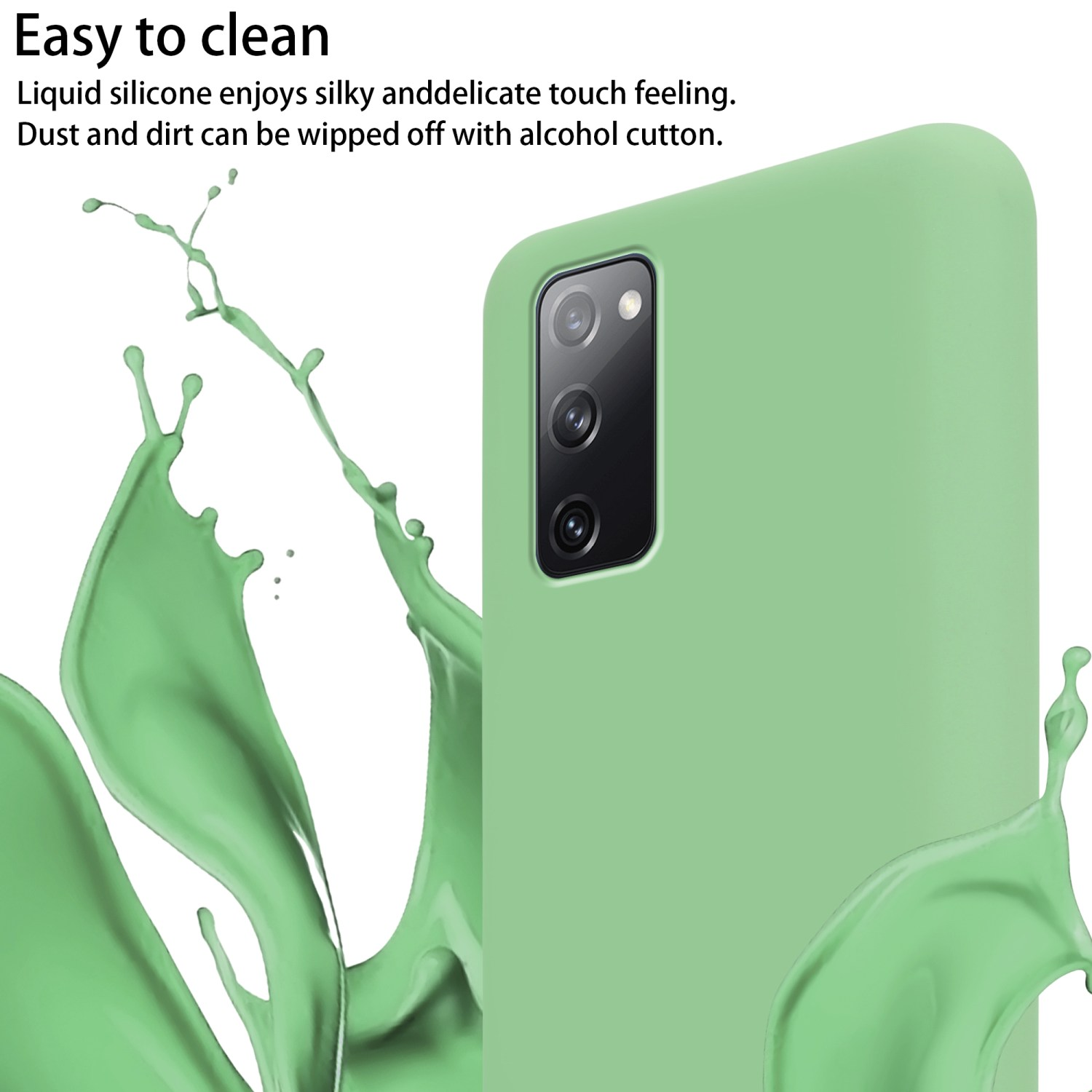 Una custodia per telefono verde chiaro con telefono e schizzi d'acqua, che evidenzia la facile pulizia con alcol.
