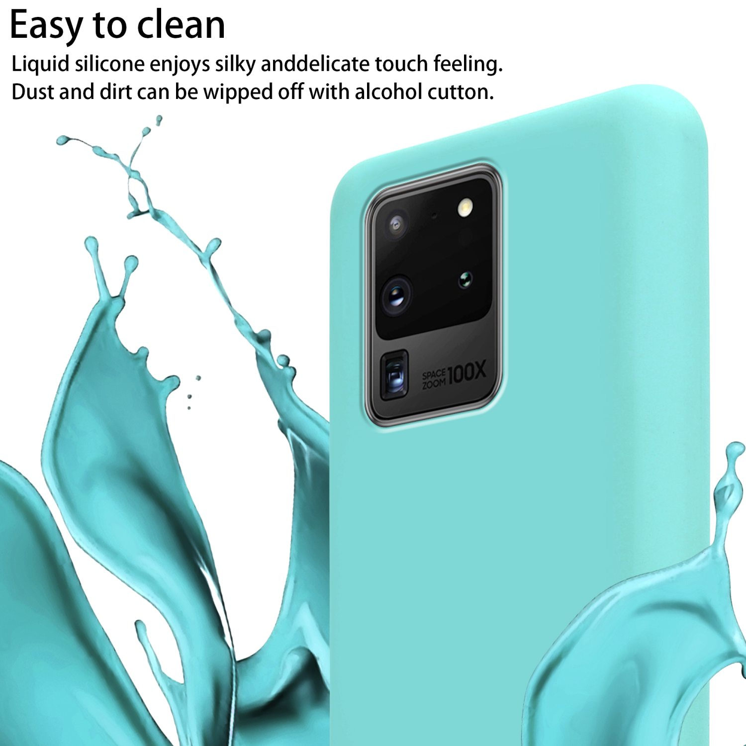 Una custodia per telefono verde acqua con un telefono, schizzi d'acqua e una fotocamera. Ha uno sfondo chiaro.