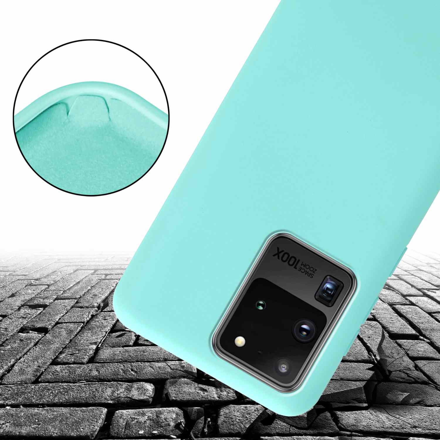 Custodia per telefono turchese con rialzo della fotocamera. La custodia è su una superficie di pietra.