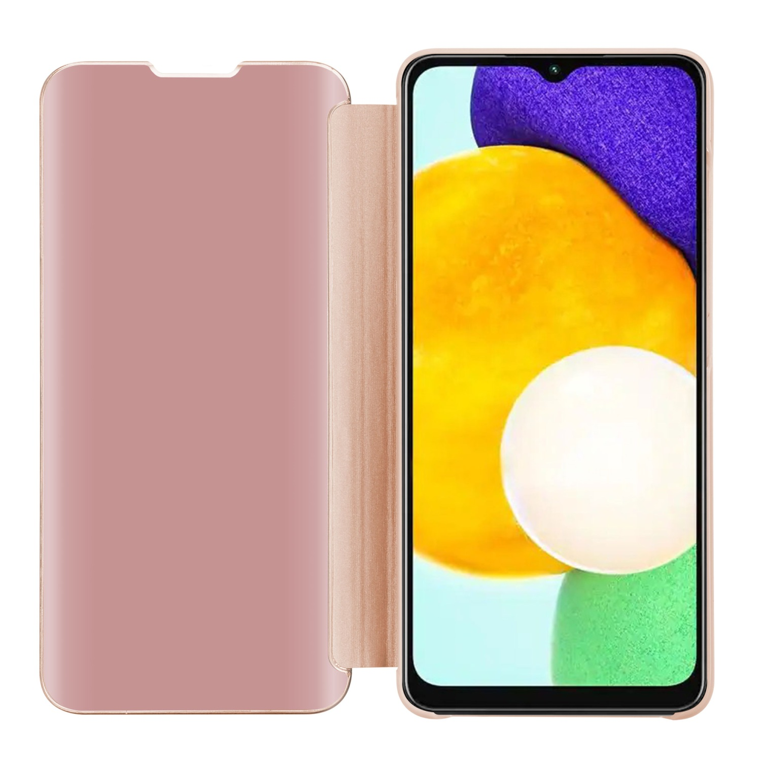 Custodia del telefono aperta, colore rosa. Lo schermo del telefono è visibile, mostra un design giallo e bianco.