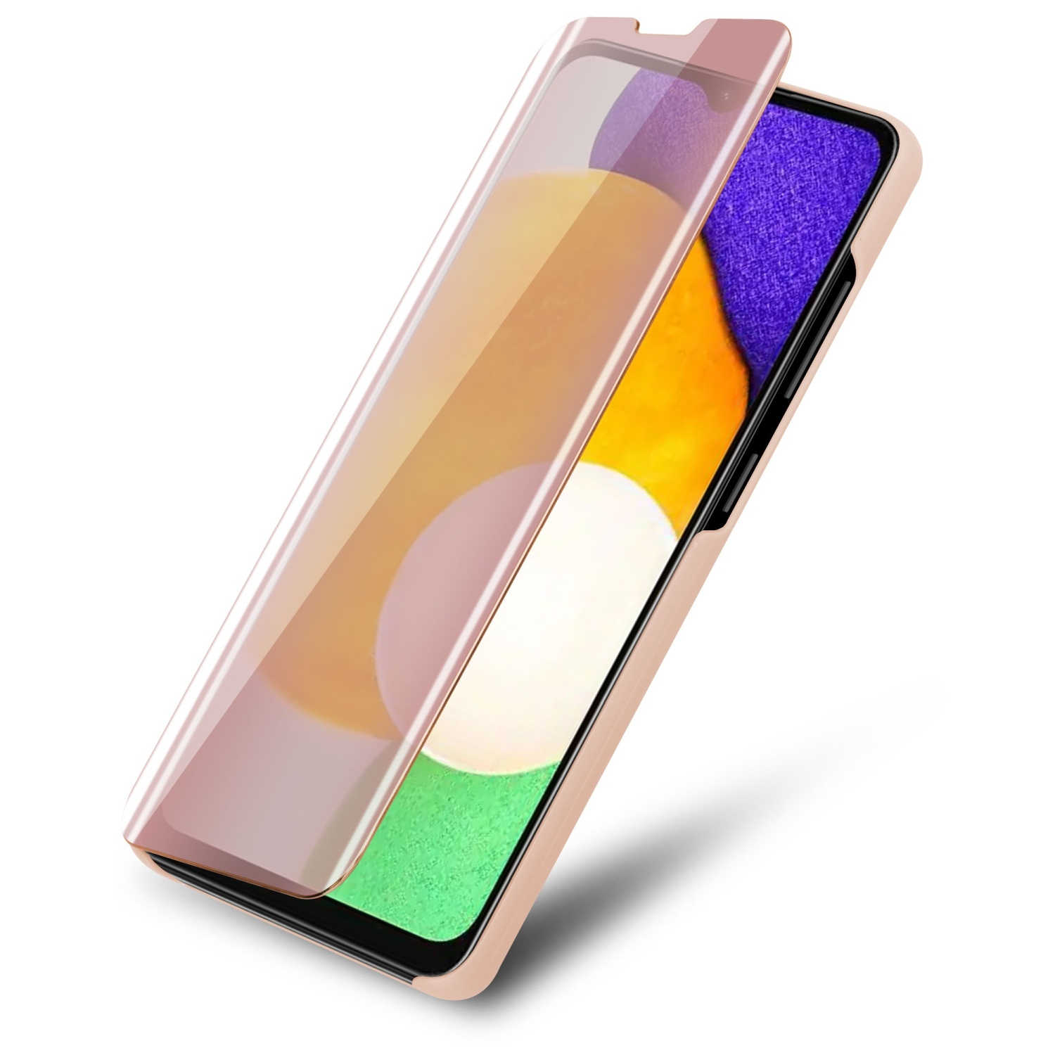 Smartphone con custodia oro rosa e protezione schermo, con schermo arancione e verde visibile.
