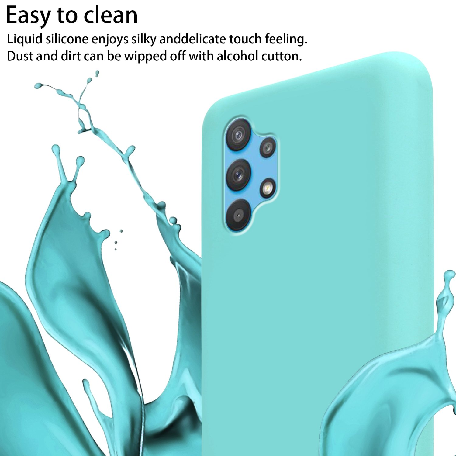 Una custodia per telefono color verde acqua con un telefono all'interno. Schizzi d'acqua intorno al telefono. La custodia sembra facile da pulire.