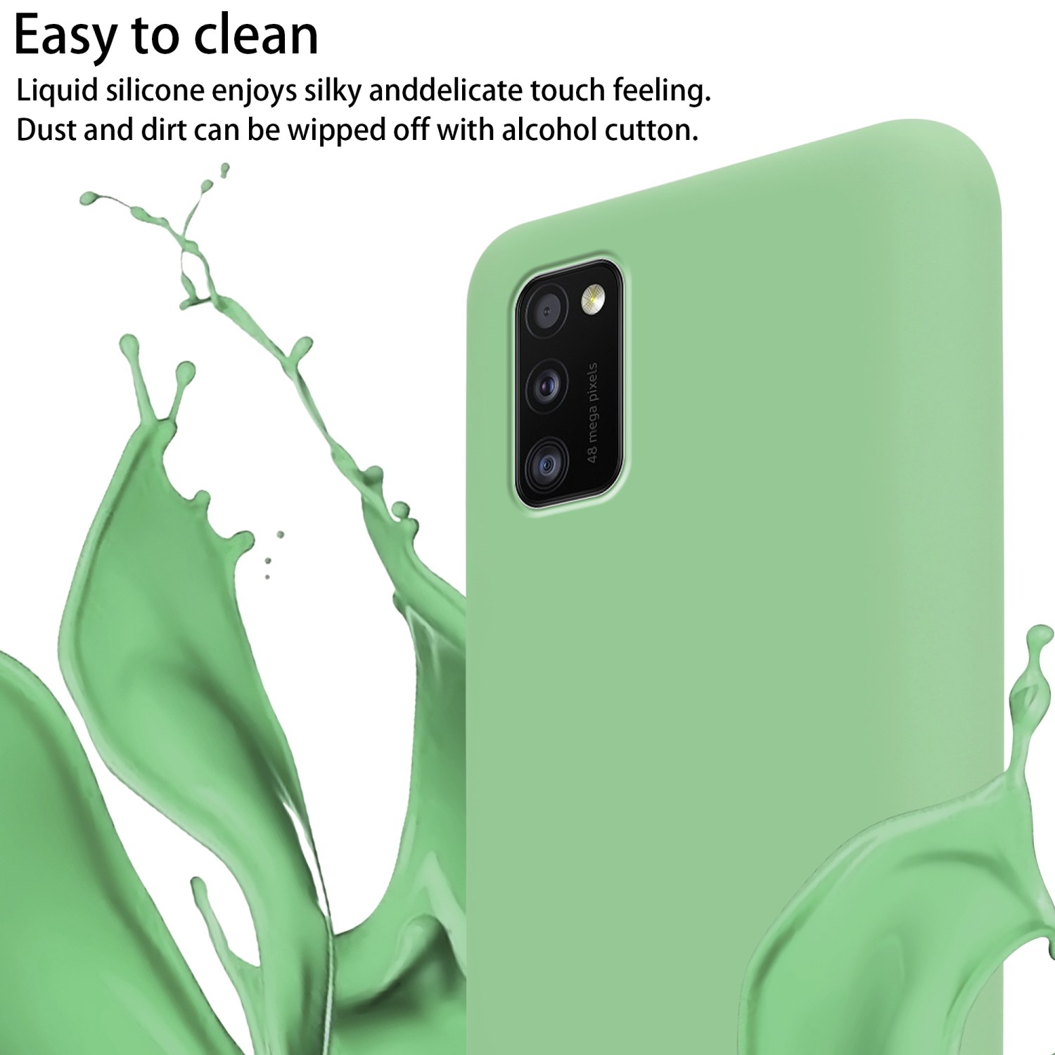 Una custodia verde per telefono con testo e schizzi d'acqua. Il testo dice 'Facile da pulire'.